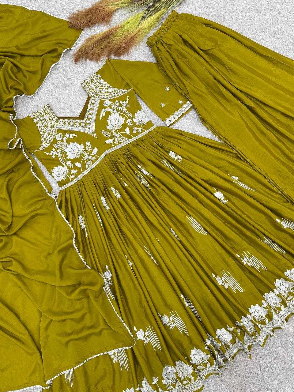 Chinon Silk  Ladies Sharara Embroidery  Salwar Suits